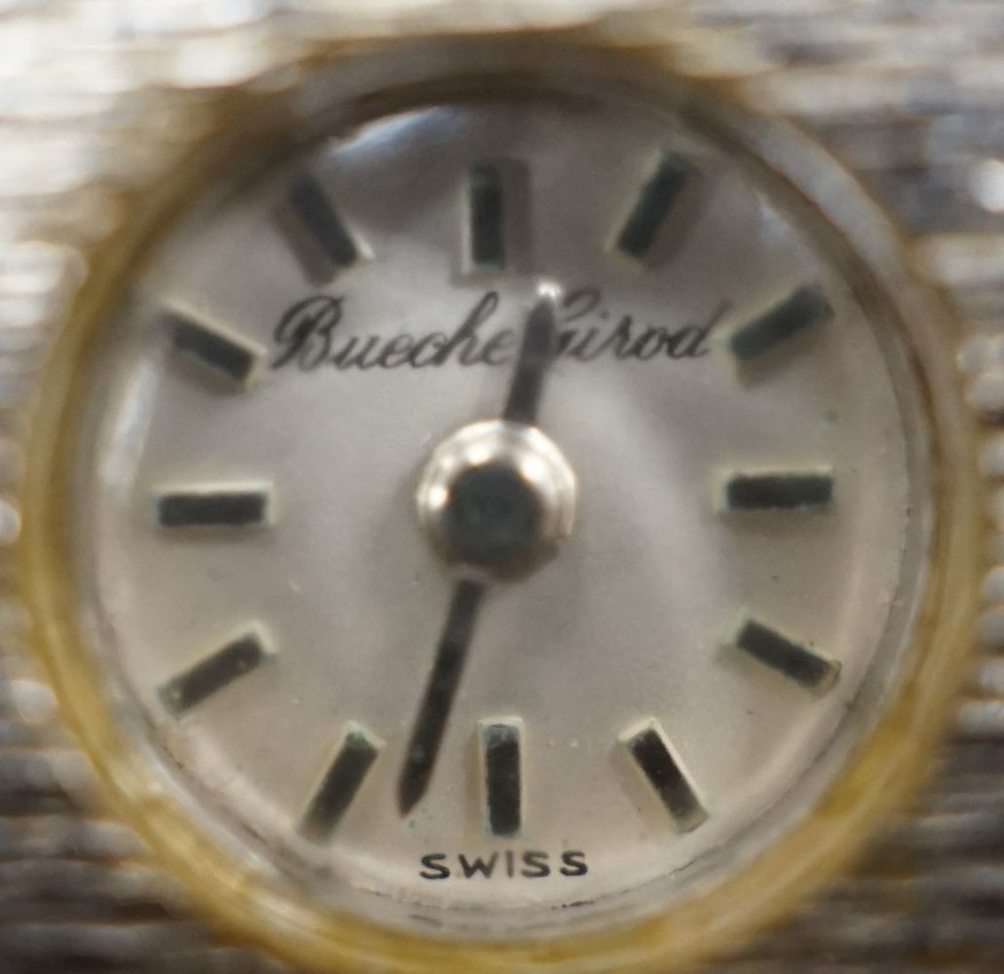 A lady's 1960's textured 9ct white gold Bueche Girod manual wind bracelet wrist watch, 16.5cm